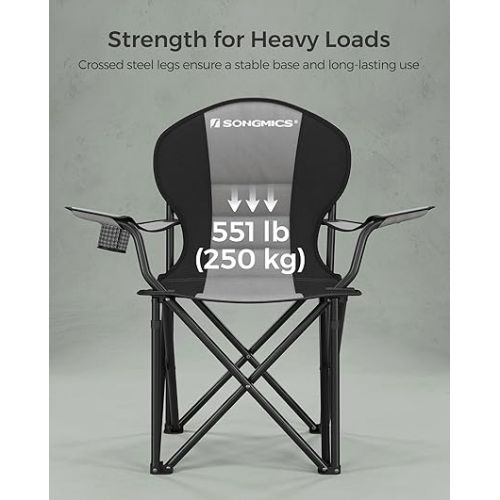  SONGMICS Folding Camping Chair, Supports 551 lb, with Comfortable Sponge Seat, Heavy Duty Structure, Cup Holder, Outdoor Picnic Chair