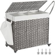 SONGMICS Laundry Hamper with Lid, 42.3 Gallon (160L), Rolling Laundry Basket with Wheels, 3-Section Synthetic Rattan Laundry Hamper, Removable Liner, Bedroom, 27.6x14.2x26 Inches, Gray ULCB365G01