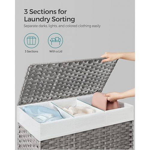  SONGMICS Laundry Hamper with Lid, 42.3 Gallon (160L), Rolling Laundry Basket with Wheels, 3-Section Synthetic Rattan Laundry Hamper, Removable Liner, Bedroom, 27.6x14.2x26 Inches, Gray ULCB365G01