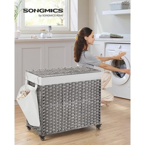  SONGMICS Laundry Hamper with Lid, 42.3 Gallon (160L), Rolling Laundry Basket with Wheels, 3-Section Synthetic Rattan Laundry Hamper, Removable Liner, Bedroom, 27.6x14.2x26 Inches, Gray ULCB365G01