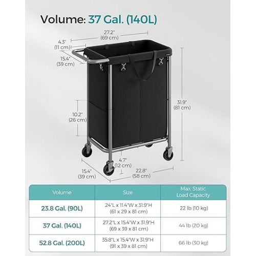  SONGMICS Laundry Basket with Wheels, 2-Section Rolling Laundry Hamper, 37 Gallons (140L), Removable Liner, Steel Frame with Handle, Blanket Storage, 27.2 x 15.4 x 31.9 Inches, Ink Black URLS004B01