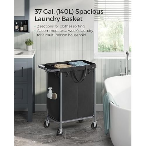  SONGMICS Laundry Basket with Wheels, 2-Section Rolling Laundry Hamper, 37 Gallons (140L), Removable Liner, Steel Frame with Handle, Blanket Storage, 27.2 x 15.4 x 31.9 Inches, Ink Black URLS004B01