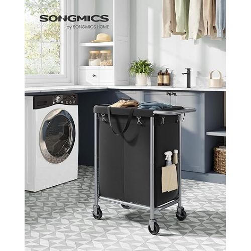  SONGMICS Laundry Basket with Wheels, 2-Section Rolling Laundry Hamper, 37 Gallons (140L), Removable Liner, Steel Frame with Handle, Blanket Storage, 27.2 x 15.4 x 31.9 Inches, Ink Black URLS004B01