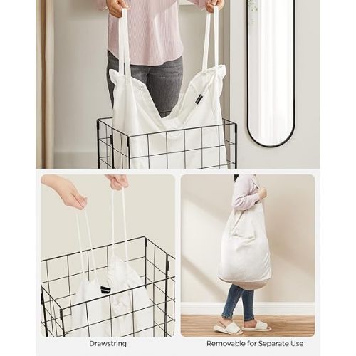  SONGMICS Laundry Hamper, 23.8 Gal (90L) Laundry Basket, Collapsible Clothes Hamper, Removable and Washable Liner, Metal Wire Frame, for Bedroom Bathroom, Black and White ULCB190W01