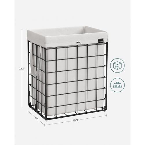  SONGMICS Laundry Hamper, 23.8 Gal (90L) Laundry Basket, Collapsible Clothes Hamper, Removable and Washable Liner, Metal Wire Frame, for Bedroom Bathroom, Black and White ULCB190W01