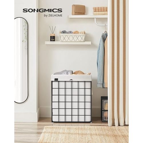  SONGMICS Laundry Hamper, 23.8 Gal (90L) Laundry Basket, Collapsible Clothes Hamper, Removable and Washable Liner, Metal Wire Frame, for Bedroom Bathroom, Black and White ULCB190W01