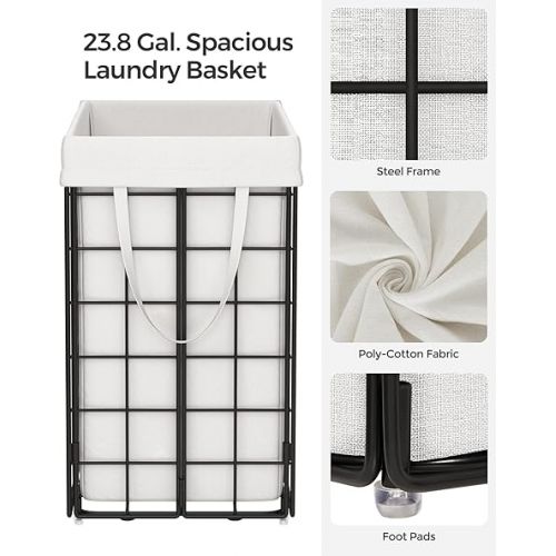  SONGMICS Laundry Hamper, 23.8 Gal (90L) Laundry Basket, Collapsible Clothes Hamper, Removable and Washable Liner, Metal Wire Frame, for Bedroom Bathroom, Black and White ULCB190W01