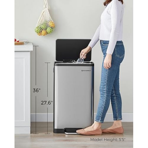  SONGMICS Trash Can, 12-Gallon Pedal Garbage Can, Stainless Steel Step Bin, Plastic Inner Bucket and Lid, Soft Closure, Fingerprint Proof, for Kitchen, Living Room, Silver ULTB007E01