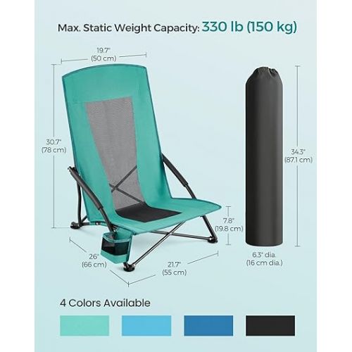  SONGMICS Portable Beach Chair, with High Backrest, Cup Holder, Foldable, Lightweight, Comfortable, Heavy Duty, Outdoor Chair