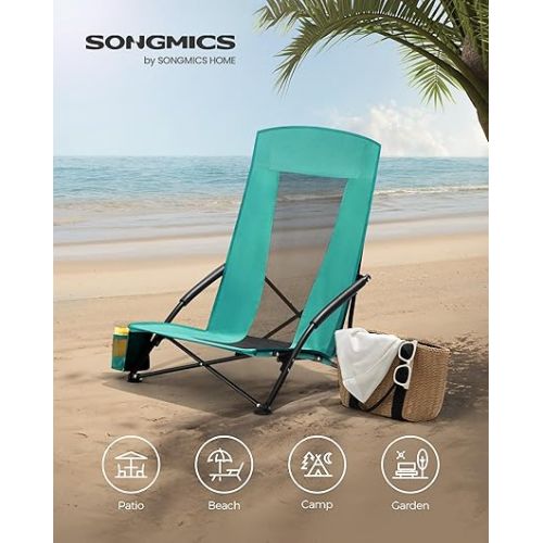  SONGMICS Portable Beach Chair, with High Backrest, Cup Holder, Foldable, Lightweight, Comfortable, Heavy Duty, Outdoor Chair