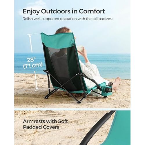  SONGMICS Portable Beach Chair, with High Backrest, Cup Holder, Foldable, Lightweight, Comfortable, Heavy Duty, Outdoor Chair
