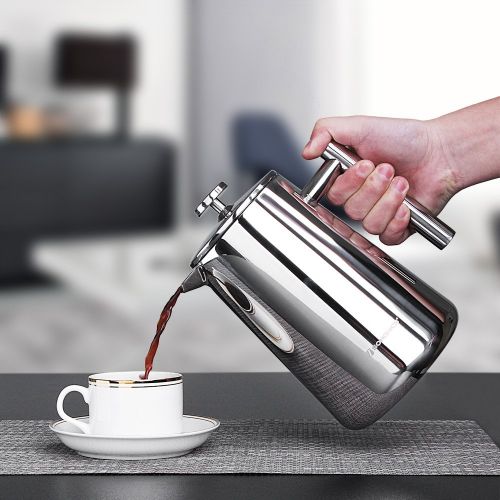  SONGMICS Kaffeebereiter 1L, French Press aus Edelstahl, fuer 6 Tassen, thermoisoliert durch doppelwandiges Behalter, inkl. 2 Ersatzfilter GCP13S