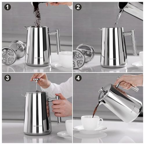  SONGMICS Kaffeebereiter 1L, French Press aus Edelstahl, fuer 6 Tassen, thermoisoliert durch doppelwandiges Behalter, inkl. 2 Ersatzfilter GCP13S