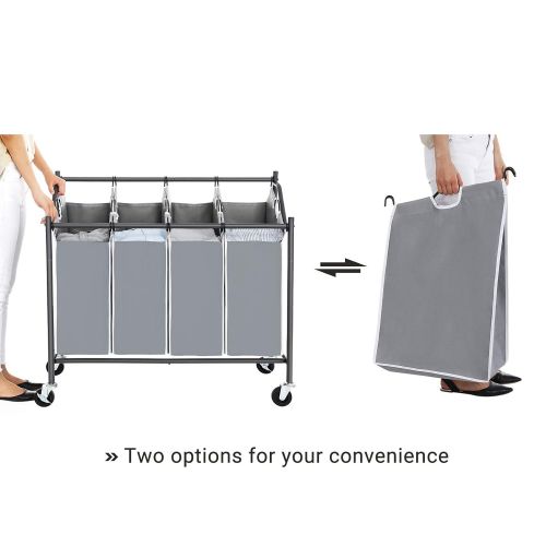  [아마존 핫딜]  [아마존핫딜]SONGMICS 4-Bag Laundry Cart Sorter, Rolling Laundry Basket Hamper, with 4 Removable Bags, Casters and Brakes, Gray URLS90GS