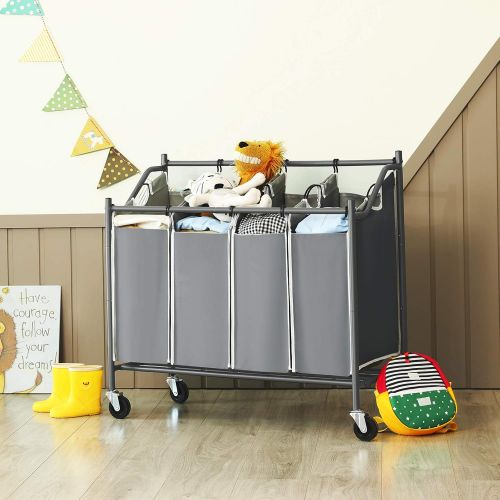  [아마존 핫딜]  [아마존핫딜]SONGMICS 4-Bag Laundry Cart Sorter, Rolling Laundry Basket Hamper, with 4 Removable Bags, Casters and Brakes, Gray URLS90GS