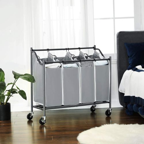  [아마존 핫딜]  [아마존핫딜]SONGMICS 4-Bag Laundry Cart Sorter, Rolling Laundry Basket Hamper, with 4 Removable Bags, Casters and Brakes, Gray URLS90GS