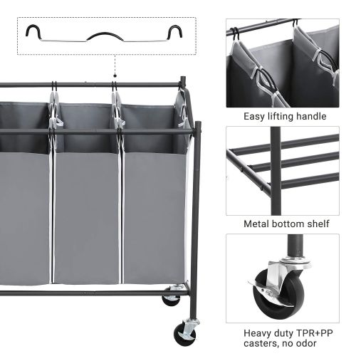  [아마존 핫딜]  [아마존핫딜]SONGMICS 4-Bag Laundry Cart Sorter, Rolling Laundry Basket Hamper, with 4 Removable Bags, Casters and Brakes, Gray URLS90GS