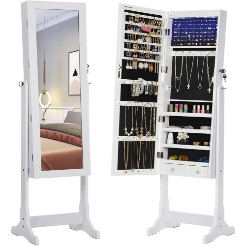  [아마존 핫딜]  [아마존핫딜]SONGMICS 6 LEDs Jewelry Cabinet Lockable Standing Mirrored Jewelry Armoire Organizer 2 Drawers White UJJC94W