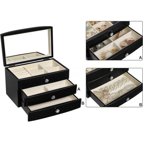  [아마존 핫딜]  [아마존핫딜]SONGMICS Jewelry Box Wooden Case Organizer with Large Mirror Black UJOW03B