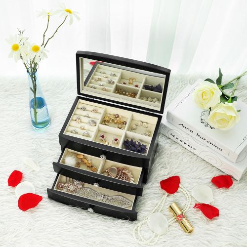  [아마존 핫딜]  [아마존핫딜]SONGMICS Jewelry Box Wooden Case Organizer with Large Mirror Black UJOW03B