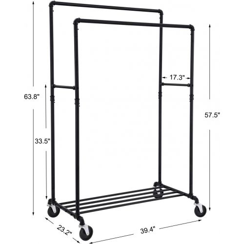  [아마존 핫딜] [아마존핫딜]SONGMICS Industrial Pipe Clothes Rack Double Rail on Wheels with Commercial Grade Clothing Hanging Rack Organizer for Garment Storage Display, Black UHSR60B