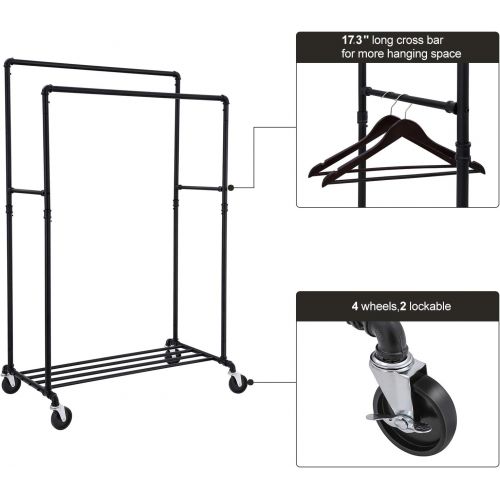  [아마존 핫딜] [아마존핫딜]SONGMICS Industrial Pipe Clothes Rack Double Rail on Wheels with Commercial Grade Clothing Hanging Rack Organizer for Garment Storage Display, Black UHSR60B