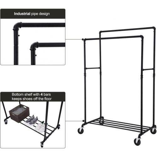  [아마존 핫딜] [아마존핫딜]SONGMICS Industrial Pipe Clothes Rack Double Rail on Wheels with Commercial Grade Clothing Hanging Rack Organizer for Garment Storage Display, Black UHSR60B