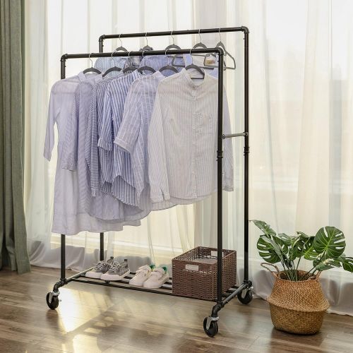  [아마존 핫딜] [아마존핫딜]SONGMICS Industrial Pipe Clothes Rack Double Rail on Wheels with Commercial Grade Clothing Hanging Rack Organizer for Garment Storage Display, Black UHSR60B