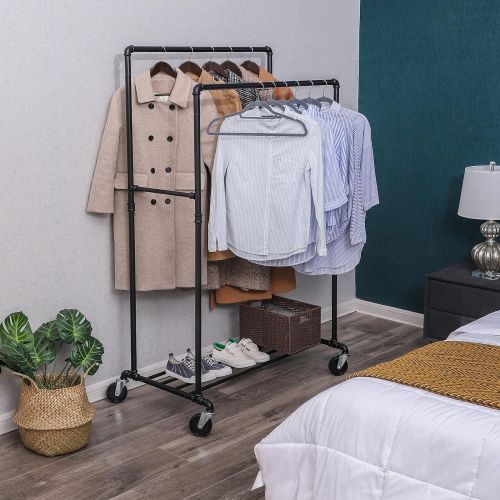  [아마존 핫딜] [아마존핫딜]SONGMICS Industrial Pipe Clothes Rack Double Rail on Wheels with Commercial Grade Clothing Hanging Rack Organizer for Garment Storage Display, Black UHSR60B