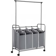 [아마존 핫딜] [아마존핫딜]SONGMICS 4-Bag Laundry Sorter, Rolling Laundry Cart with Hanging Bar, Heavy-Duty Wheels, Gray URLS44GS