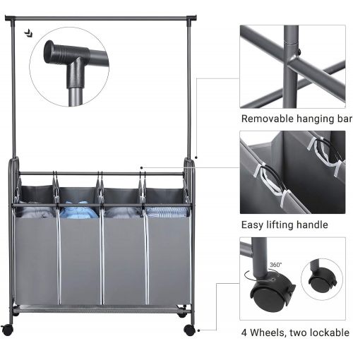  [아마존 핫딜] [아마존핫딜]SONGMICS 4-Bag Laundry Sorter, Rolling Laundry Cart with Hanging Bar, Heavy-Duty Wheels, Gray URLS44GS