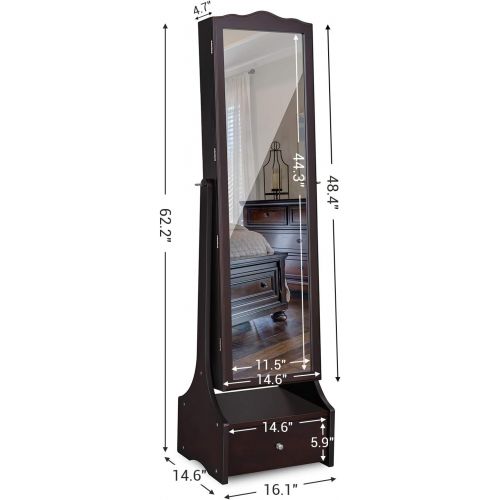  [아마존핫딜][아마존 핫딜] SONGMICS 39.4 LED Light Strip Jewelry Cabinet Armoire, Lockable Full Length Mirrored Jewelry Organizer, Makeup Tray and Large Drawer Base UJJC87BRV1