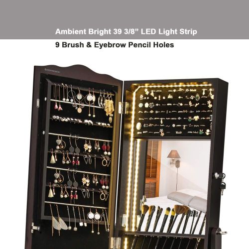  [아마존핫딜][아마존 핫딜] SONGMICS 39.4 LED Light Strip Jewelry Cabinet Armoire, Lockable Full Length Mirrored Jewelry Organizer, Makeup Tray and Large Drawer Base UJJC87BRV1