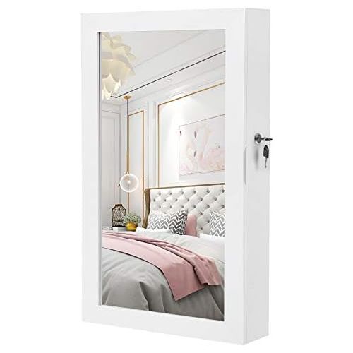  [아마존 핫딜] [아마존핫딜]SONGMICS Lockable Jewelry Cabinet Armoire with Mirror, Wall-Mounted Space Saving Jewelry Storage Organizer White UJJC51WT