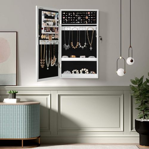  [아마존 핫딜] [아마존핫딜]SONGMICS Lockable Jewelry Cabinet Armoire with Mirror, Wall-Mounted Space Saving Jewelry Storage Organizer White UJJC51WT