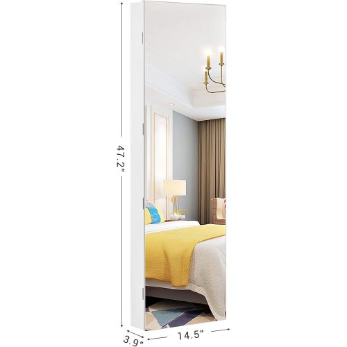  [아마존 핫딜] SONGMICS 47.2 H Full Screen Mirrored Jewelry Cabinet Armoire, 6 LEDs Jewelry Organizer Wall Hanging/Door Mounted, Larger Capacity, Pure White UJJC99WT