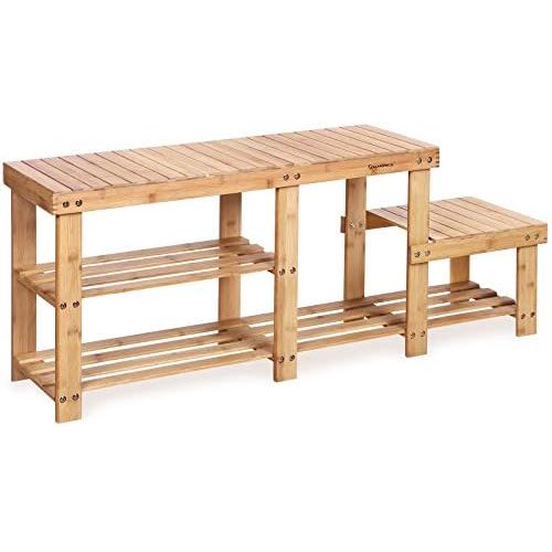  [아마존베스트]SONGMICS Bamboo Shoe Bench Entryway Storage Rack with High and Low Levels for Adult and Child ULBS120N