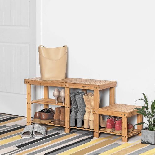  [아마존베스트]SONGMICS Bamboo Shoe Bench Entryway Storage Rack with High and Low Levels for Adult and Child ULBS120N