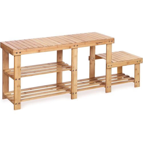  [아마존베스트]SONGMICS Bamboo Shoe Bench Entryway Storage Rack with High and Low Levels for Adult and Child ULBS120N