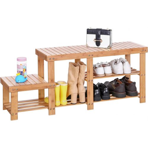  [아마존베스트]SONGMICS Bamboo Shoe Bench Entryway Storage Rack with High and Low Levels for Adult and Child ULBS120N