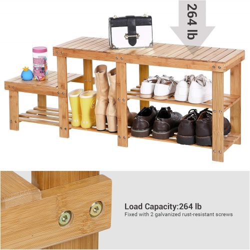  [아마존베스트]SONGMICS Bamboo Shoe Bench Entryway Storage Rack with High and Low Levels for Adult and Child ULBS120N