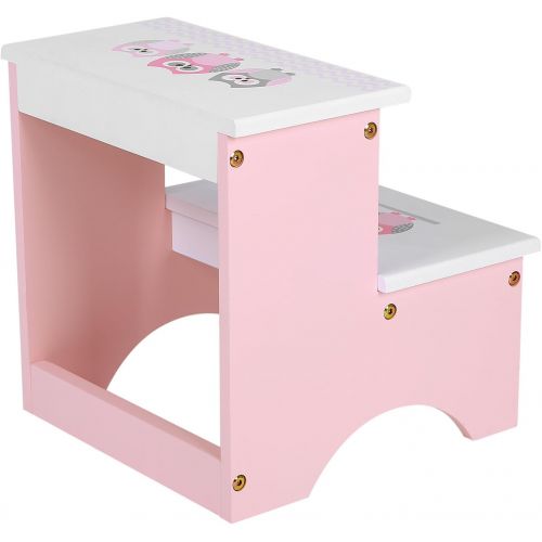  [아마존베스트]SONGMICS Children Step Stool, Wood Bed Steps for Kids, Owl Theme in Bathroom Closet Kitchen Toilet Pink and White ULKF02PK