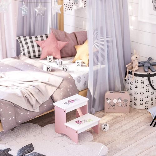  [아마존베스트]SONGMICS Children Step Stool, Wood Bed Steps for Kids, Owl Theme in Bathroom Closet Kitchen Toilet Pink and White ULKF02PK