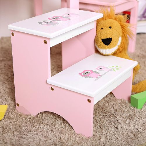  [아마존베스트]SONGMICS Children Step Stool, Wood Bed Steps for Kids, Owl Theme in Bathroom Closet Kitchen Toilet Pink and White ULKF02PK