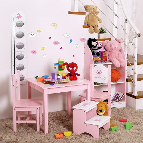  [아마존베스트]SONGMICS Children Step Stool, Wood Bed Steps for Kids, Owl Theme in Bathroom Closet Kitchen Toilet Pink and White ULKF02PK