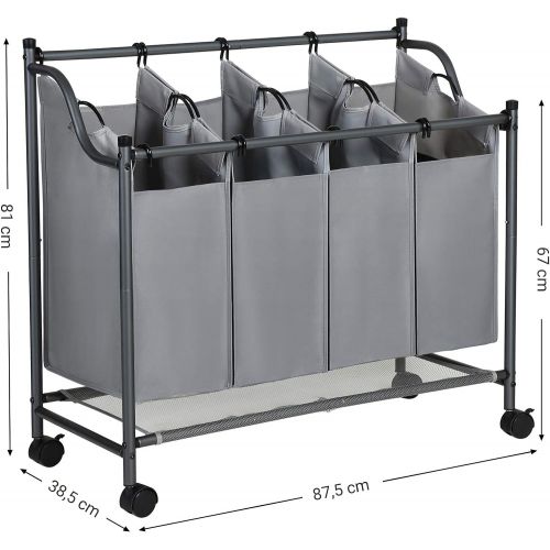  SONGMICS Waschekorb auf Rollen, Waschesortierer mit 4 abnehmbaren Stofftaschen, Waschesammler, Aufbewahrung fuer Spielzeug, stabil, 4 x 35 Liter, grau LSF005GS