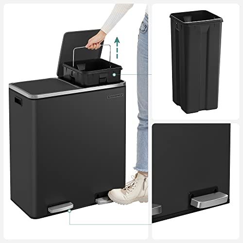  SONGMICS Trash Garbage Can, 16 Gal (60L) Rubbish, Metal Step Bin, with Dual Compartments, Plastic Inner Buckets and Hinged Lids, Handles, Soft Closure, Airtight, Black