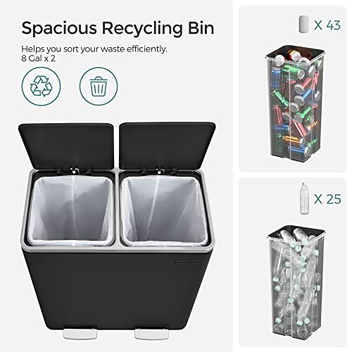  SONGMICS Trash Garbage Can, 16 Gal (60L) Rubbish, Metal Step Bin, with Dual Compartments, Plastic Inner Buckets and Hinged Lids, Handles, Soft Closure, Airtight, Black