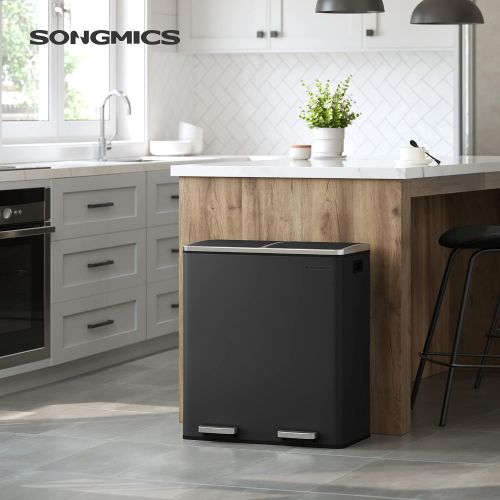  SONGMICS Trash Garbage Can, 16 Gal (60L) Rubbish, Metal Step Bin, with Dual Compartments, Plastic Inner Buckets and Hinged Lids, Handles, Soft Closure, Airtight, Black