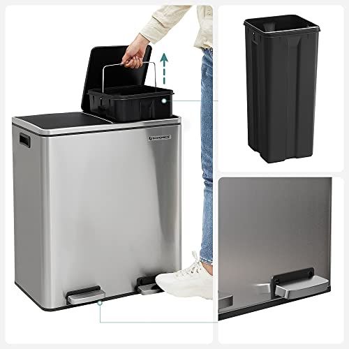  SONGMICS 16 Gallon Step Trash Can, Double Recycle Pedal Bin, 2 x 30L Garbage Bin with Plastic Inner Buckets and Carry Handles, Fingerprint Proof Stainless Steel, Slow Close ULTB60N